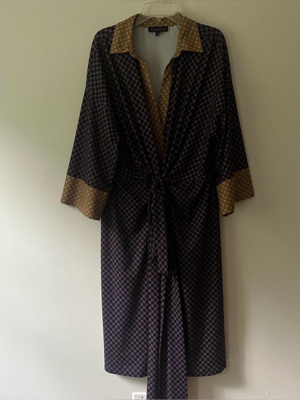 Eloquii Tie Waist Kimono Style Dress Plus Size 24 Blue Design Collared